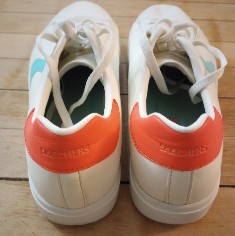 Skechers Eden LX Court Classics Off White With Coral Pink + Teal Accents Size 10